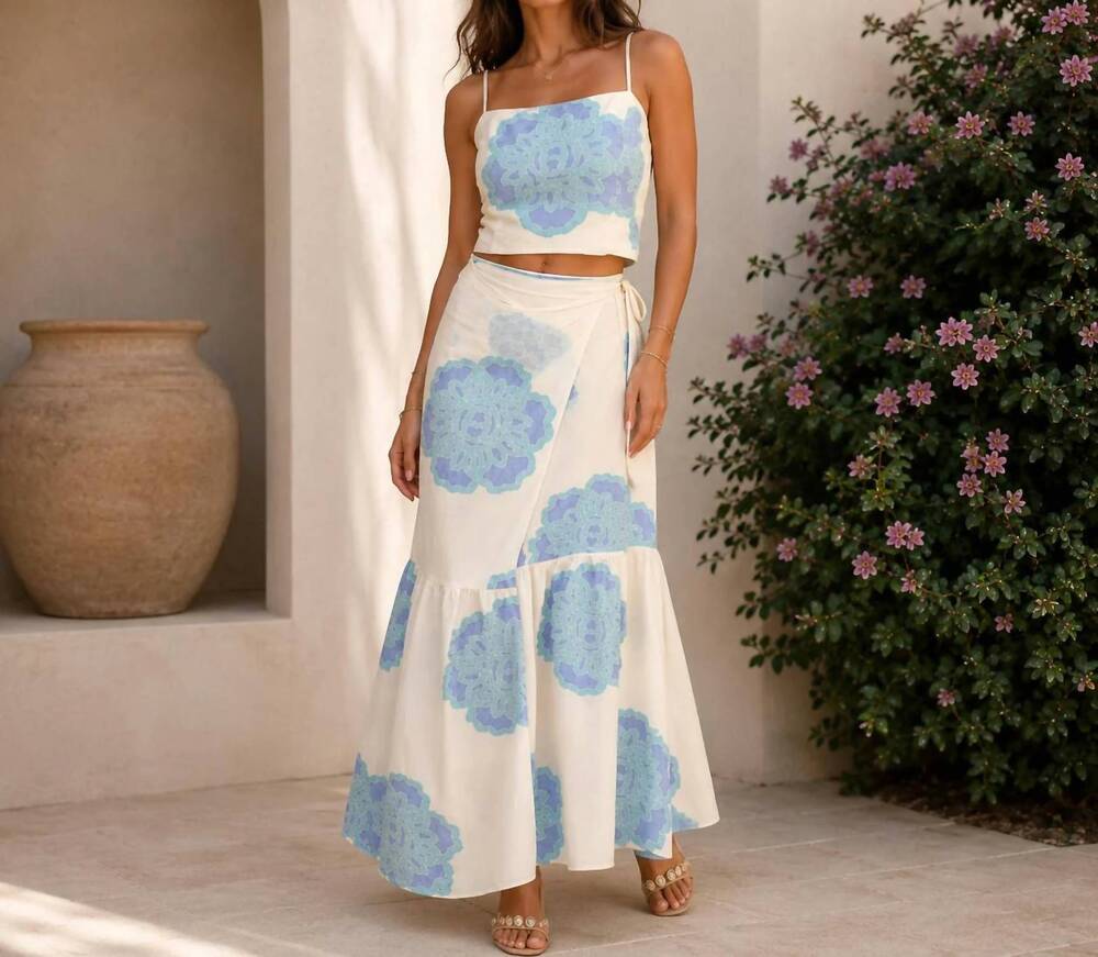 NEW MYSTERY RESORT azure bloom tie top maxi skirt set in ciel